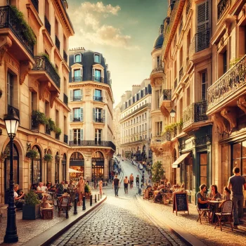 DALL·E 2024-09-22 16.47.18 - A scenic European street with classic architecture, featuring cobblestone pathways and a blend of old and new buildings, with people casually walking